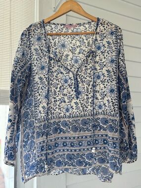 Calypso St. Barth White and Blue Floral V-Neck Tunic
